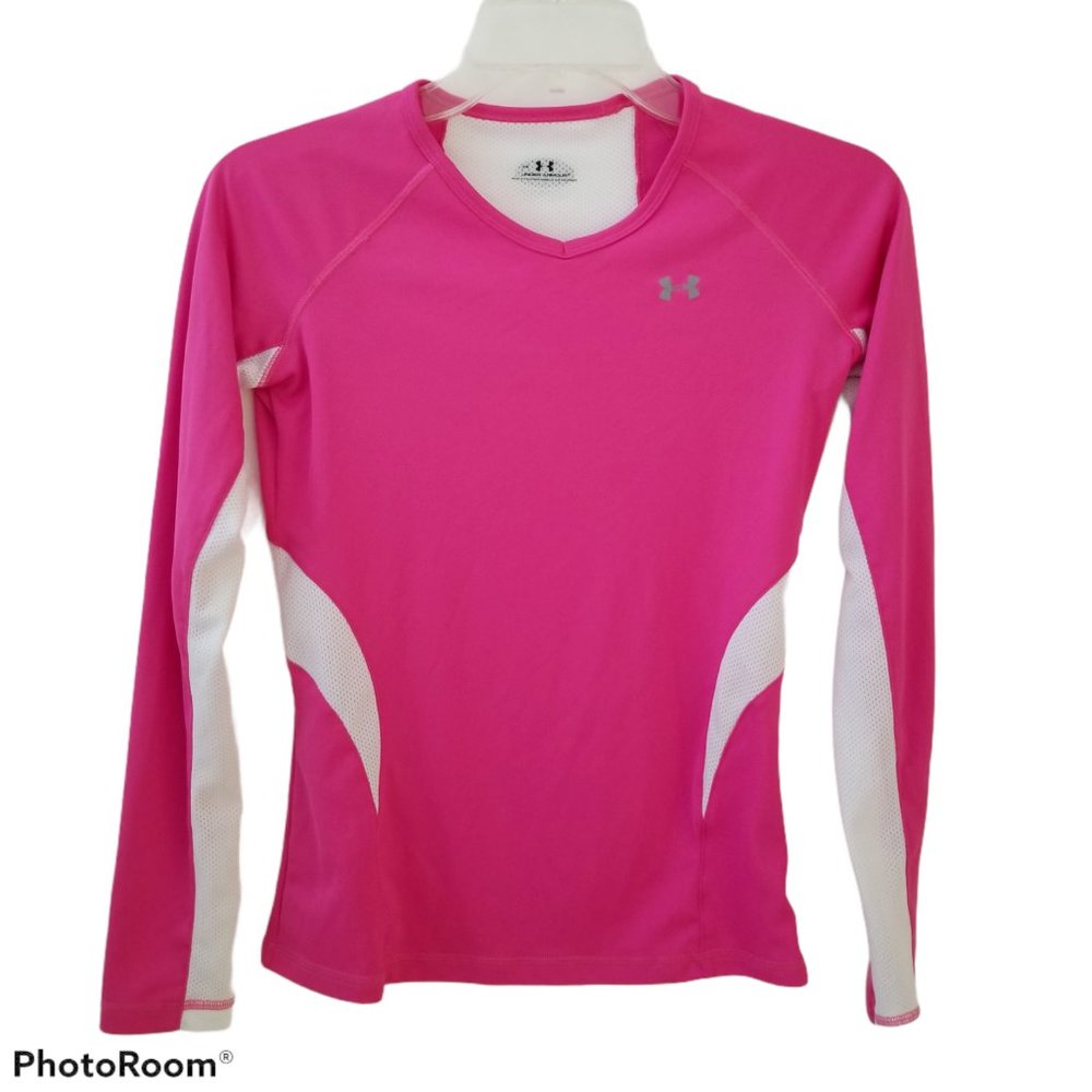 Under Armour Top Womens XS Pink White V-Neck Long Sleeve Activewear T-Shirt